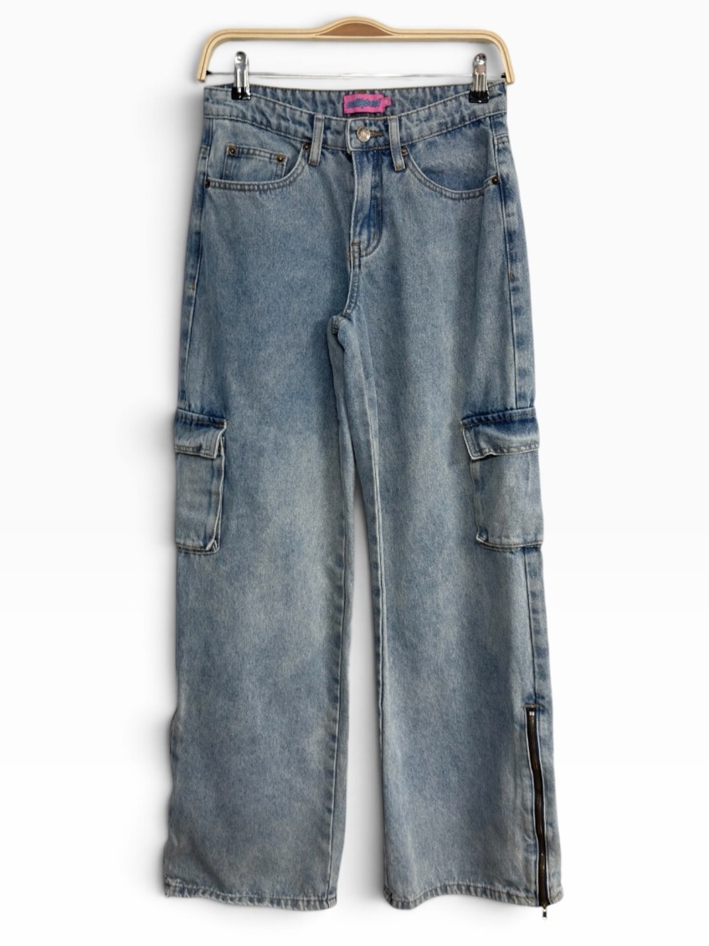 Edikted Wide Leg Cargo Jeans XS Light Acid Wash Y2K Baggy Utility Zip Hem Denim
